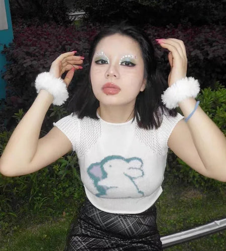 Japanese Y2k Knitted T-shirt 2000s Aesthetics Rabbit Embroidery Crop Top Vintage Harajuku Hollow Out Short Sleeve Tshirt