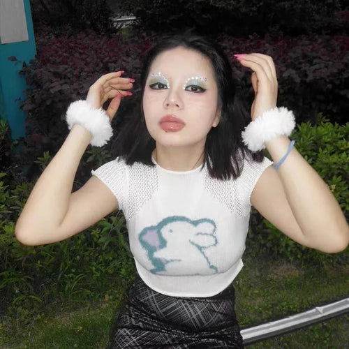 Load image into Gallery viewer, Japanese Y2k Knitted T-shirt 2000s Aesthetics Rabbit Embroidery Crop Top Vintage Harajuku Hollow Out Short Sleeve Tshirt
