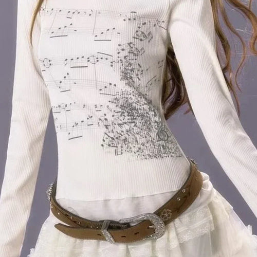 Load image into Gallery viewer, Y2k Aesthetic Cotton Tshirts Women All Match Tees Lace Patch Sexy Grunge Print T Shirt Long Sleeve Crop Top 2025 Fairy Clothes
