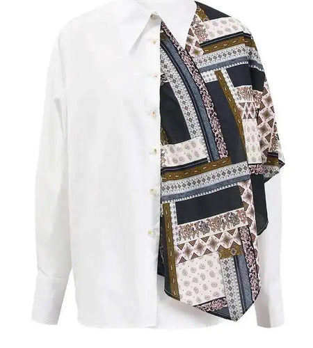 Women White Pattern Printed Irregular Big Size Blouse New Lapel Long Sleeve Shirt Fashion Tide Spring Autumn 2025 CPG1305