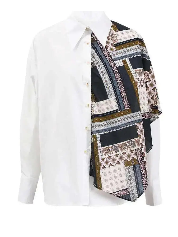 Women White Pattern Printed Irregular Big Size Blouse New Lapel Long Sleeve Shirt Fashion Tide Spring Autumn 2025 CPG1305