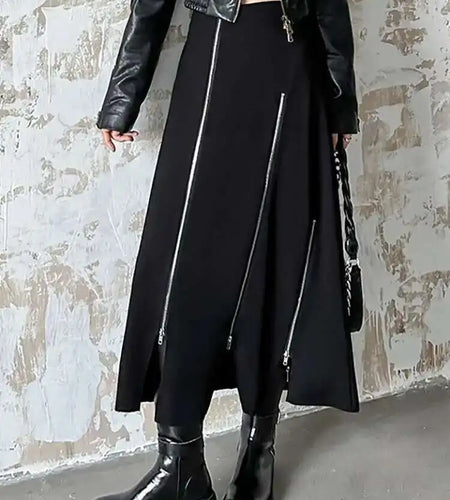 High Elastic Waist Black Zipper Splited A-line Half-body Skirt Loose Women Fashion Tide New Spring Autumn 2025 1DH4445