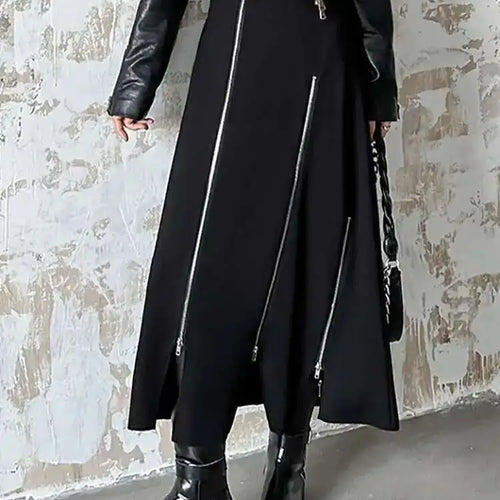 Load image into Gallery viewer, High Elastic Waist Black Zipper Splited A-line Half-body Skirt Loose Women Fashion Tide New Spring Autumn 2025 1DH4445
