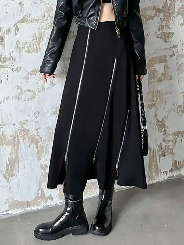 High Elastic Waist Black Zipper Splited A-line Half-body Skirt Loose Women Fashion Tide New Spring Autumn 2025 1DH4445