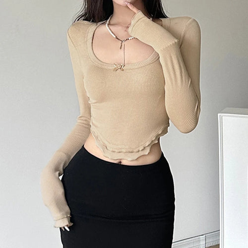 Load image into Gallery viewer, Korean Fashion Knit Stitched Tee Shirt Women Clothing Square Neck Skinny Bow Crop Tops Basic Kawaii Autumn T shirts
