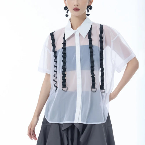 Load image into Gallery viewer, Women Black Mesh Ribbon Perspective Big Size Blouse New Lapel Short Sleeve Shirt Fashion Tide Spring Summer 2025 1DJ1631
