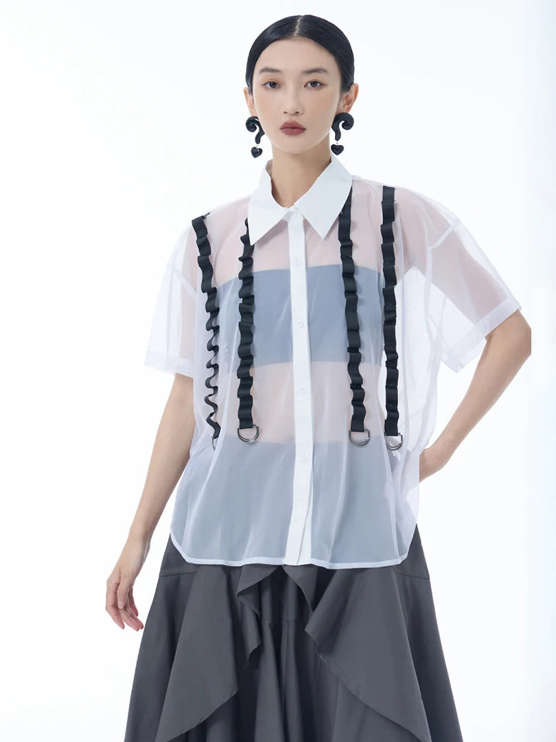 Women Black Mesh Ribbon Perspective Big Size Blouse New Lapel Short Sleeve Shirt Fashion Tide Spring Summer 2025 1DJ1631