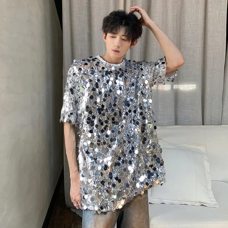 Loose Pullover Male T-shirts Round Collar Short Sleeve Sequins Men's Casual Tops Trend Summer Stylish 9C6105