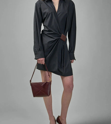 Solid Loose Spliced Folds Minimalist Dresses for Women Lapel Long Sleeves Temperament Dress Female Fashion Clothing