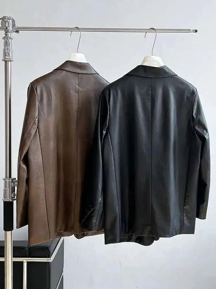 Coffee Brief Big Size Casual PU Leather Jacket New Lapel Long Sleeve Women Coat Fashion Tide Spring Autumn 2025 1DH9978