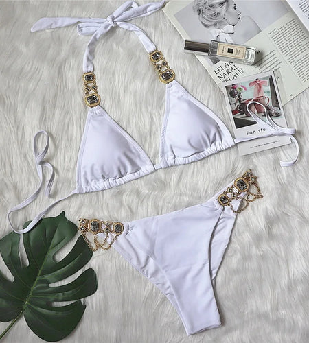 Sexy 2024 Rhinestones Bikini Push Up Swimwear Women Chain Brazilian Swimsuit Halter Biquini Two Pieces Bathing Suit