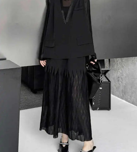 Black Big Size Vest Pleated Skirt Two Pieces Suit New V-Neck Sleeveless Women Fashion Tide Spring Autumn 2025 1DJ0261