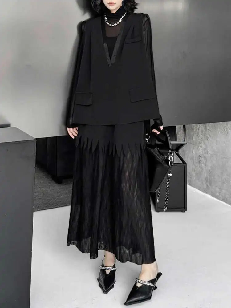 Black Big Size Vest Pleated Skirt Two Pieces Suit New V-Neck Sleeveless Women Fashion Tide Spring Autumn 2025 1DJ0261