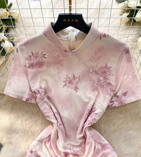 Chinese Style Women Pink Flower Elegant Cheongsam Evening Long Dress 2025 Summer New Short Sleeved Pleated Split Dress Bohemian