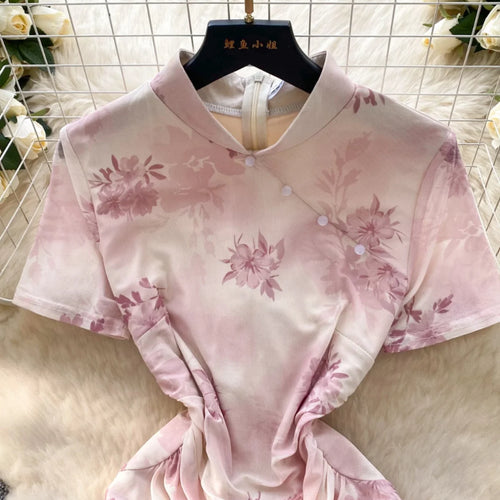 Load image into Gallery viewer, Chinese Style Women Pink Flower Elegant Cheongsam Evening Long Dress 2025 Summer New Short Sleeved Pleated Split Dress Bohemian
