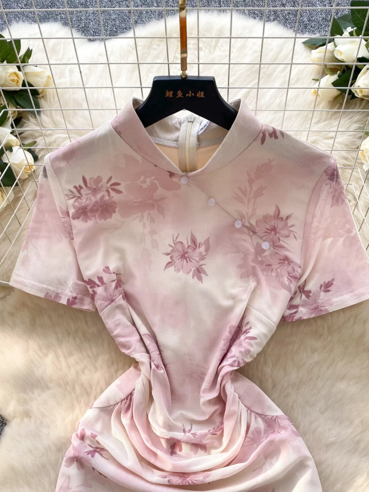 Chinese Style Women Pink Flower Elegant Cheongsam Evening Long Dress 2025 Summer New Short Sleeved Pleated Split Dress Bohemian