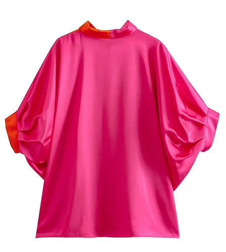 Colorblock Casual Loose Spliced Single Breasted Shirts For Women Lapel Batwing Sleeve Temperament Shirt Female