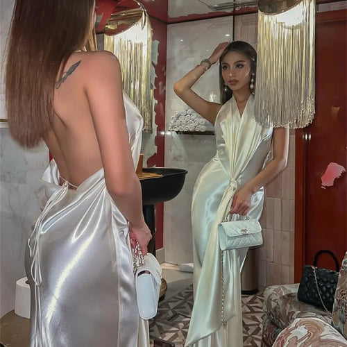 Load image into Gallery viewer, Satin Deep V Neck Backless Sexy Maxi Dress Women Elegant Halter Sleeveless Lace-up High Waist Draped Ruched Long Dress
