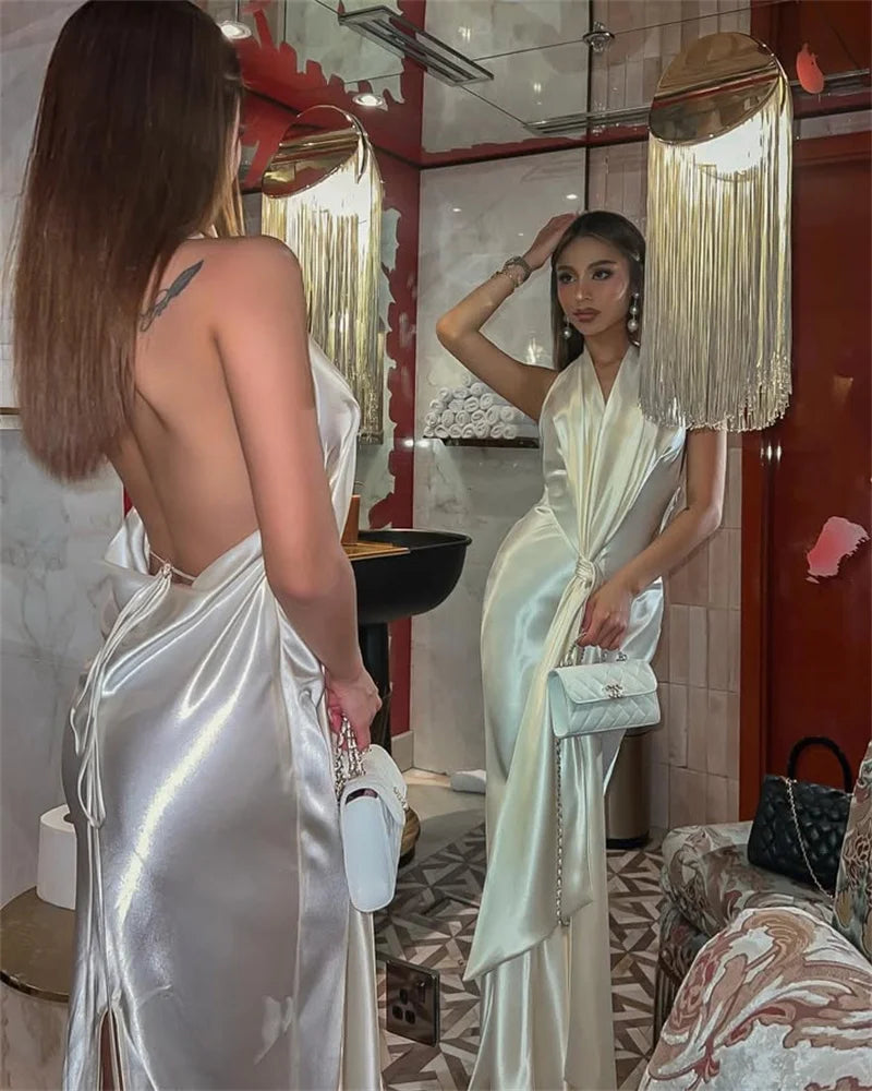 Satin Deep V Neck Backless Sexy Maxi Dress Women Elegant Halter Sleeveless Lace-up High Waist Draped Ruched Long Dress