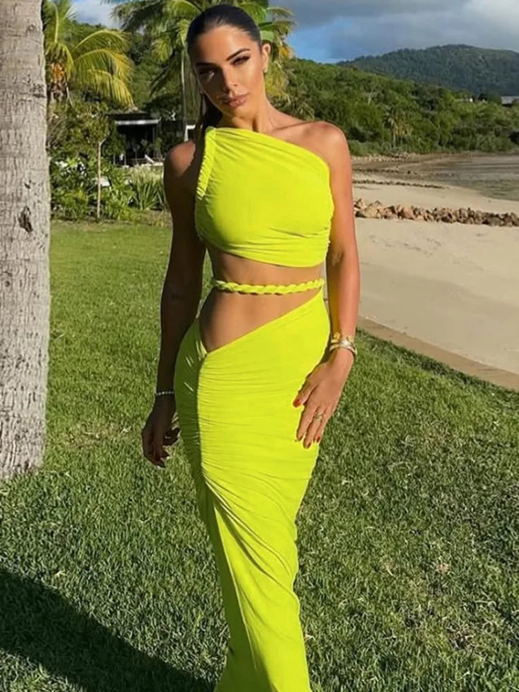 Green Sexy Two Piece Sets Women Oblique Shoulder Crop Tops And Maxi Skirt Female Thigh High Split Ruched Long Dress