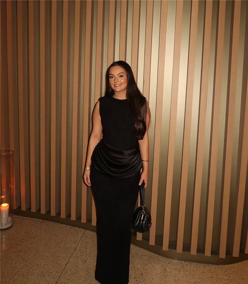 Sleeveless Ruched Sexy Maxi Dress For Women Gown Fashion Black O Neck High Waist Bodycon Club Party Long Dress Vestido