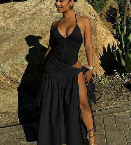 Fashion 2 Pcs Sets Solid White Backless Sexy Bodysuit Slit Bandage Pleated Maxi Skirt Women Outfits Festival Holiday