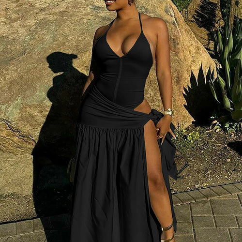 Load image into Gallery viewer, Fashion 2 Pcs Sets Solid White Backless Sexy Bodysuit Slit Bandage Pleated Maxi Skirt Women Outfits Festival Holiday
