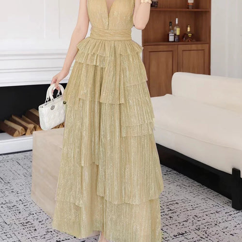 Load image into Gallery viewer, Hit Color Ruffles Irregular Long Dresses For Women V Neck Sleeveless Backless High Waist Elegant Mesh Dress Female Style
