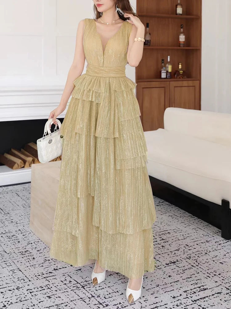 Hit Color Ruffles Irregular Long Dresses For Women V Neck Sleeveless Backless High Waist Elegant Mesh Dress Female Style