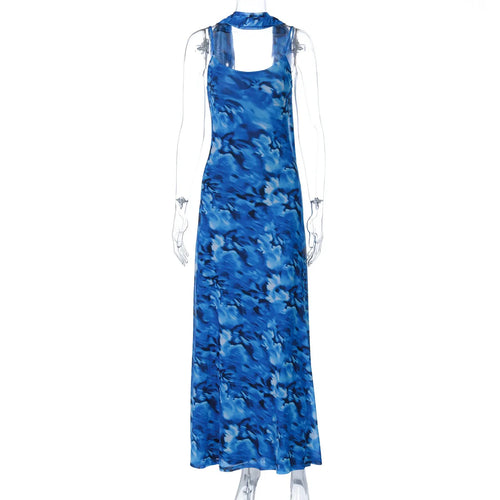 Load image into Gallery viewer, Halter Backless Print Sexy Maxi Dress For Women Gown Elegant Blue Printed Lace-up Sleeveless Evening Long Dress

