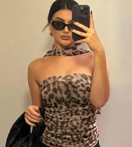 Leopard Tulle Crop Top Women Print Ruched Corset Top Woman Vintage Summer Halter Top Backless Sexy Party Tops For Women