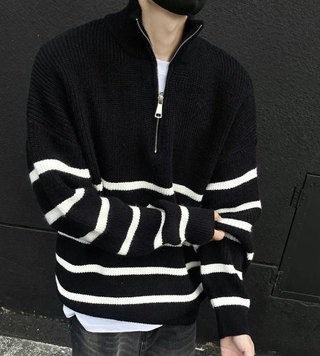 Loose Mock Neck Male Sweater Stripe Half Zipper Zipper Knitting Pullovers Casual New Trendy Men Clothing  Autumn Top 9C8927
