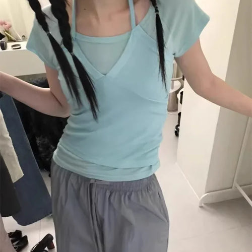 Load image into Gallery viewer, Two Pieces Set Short Sleeve T-shirt Halter Patchwork Slim Sexy Fashion Cropped Top Women Y2k  Aesthetic Summer Solid Casual Tees
