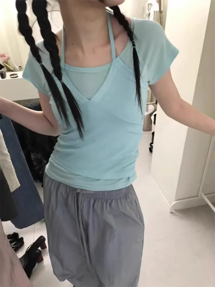 Two Pieces Set Short Sleeve T-shirt Halter Patchwork Slim Sexy Fashion Cropped Top Women Y2k  Aesthetic Summer Solid Casual Tees