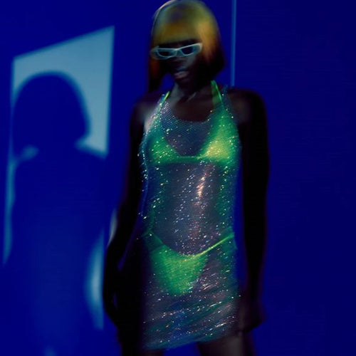 Load image into Gallery viewer, Glitter See Through Sexy Mini Dress For Women New Spaghetti Strap Sleeveless Transparent Shiny Diamond Short Dress
