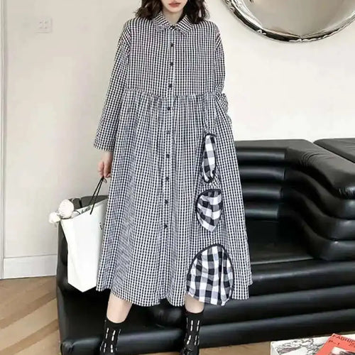 Load image into Gallery viewer, Women Black Plaid Pocket Vintage Big Size Midi Shirt Dress New Lapel Long Sleeve Fashion Tide Spring Autumn 2025 1DH6567
