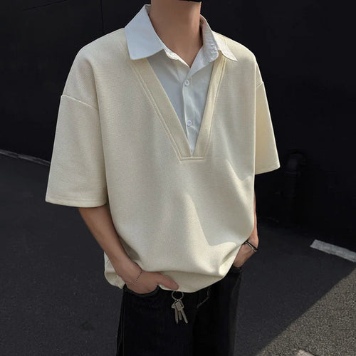 Load image into Gallery viewer, Men's Short Sleeve T-shirts New Summer Turn-down Collar Loose Patchwork Male Top Personality Pullover Menwear 9W1564
