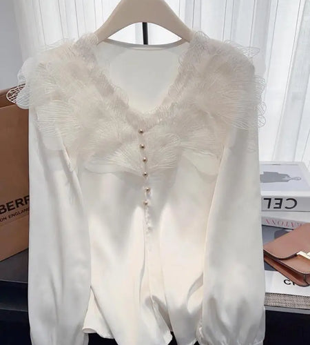 Vintage Women New White Elegant Long Sleeve T-shirt Autumn Beige V Neck Festival Short Pullover Tops Simplicity Popular Clothing