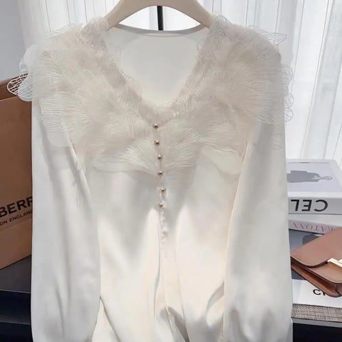 Load image into Gallery viewer, Vintage Women New White Elegant Long Sleeve T-shirt Autumn Beige V Neck Festival Short Pullover Tops Simplicity Popular Clothing
