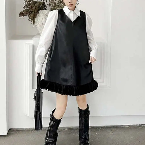 Load image into Gallery viewer, Black Leather Mesh Dress Shirt Two Pieces Suit New Lapel Long Sleeve Women Fashion Tide Spring Autumn 2025 1DH9256
