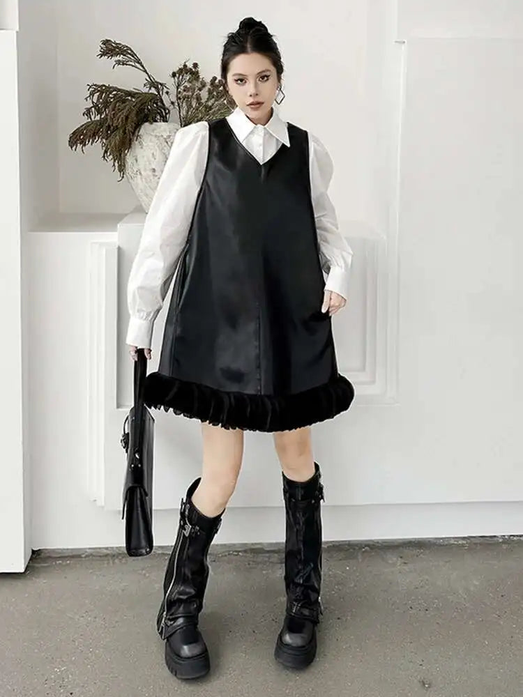 Black Leather Mesh Dress Shirt Two Pieces Suit New Lapel Long Sleeve Women Fashion Tide Spring Autumn 2025 1DH9256