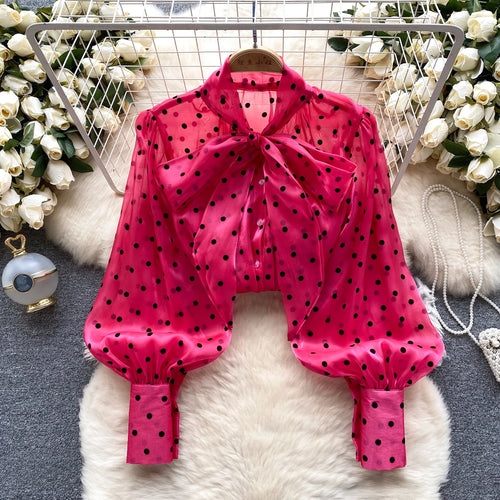 Load image into Gallery viewer, Autumn Women's Vintage Festival Polka Dots Single Breasted Shirt Elegant Sweet Bow Long Sleeve Loose Office Ladies Blouses Tops
