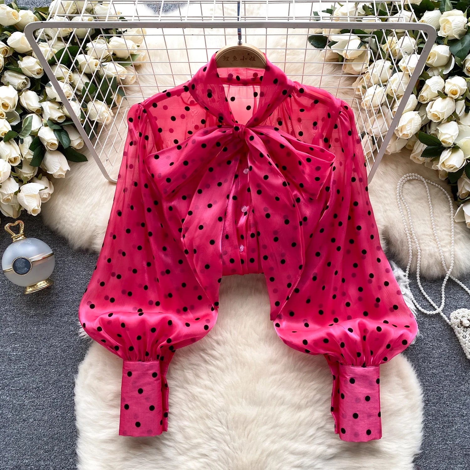 Autumn Women's Vintage Festival Polka Dots Single Breasted Shirt Elegant Sweet Bow Long Sleeve Loose Office Ladies Blouses Tops