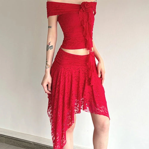 Load image into Gallery viewer, Y2k Aesthetic Lace Jacquard Vintage Tees 2025 Streetwear Fairy Slash Neck Cropped Tshirts Women Harajuku Grunge 3D Flower Tops
