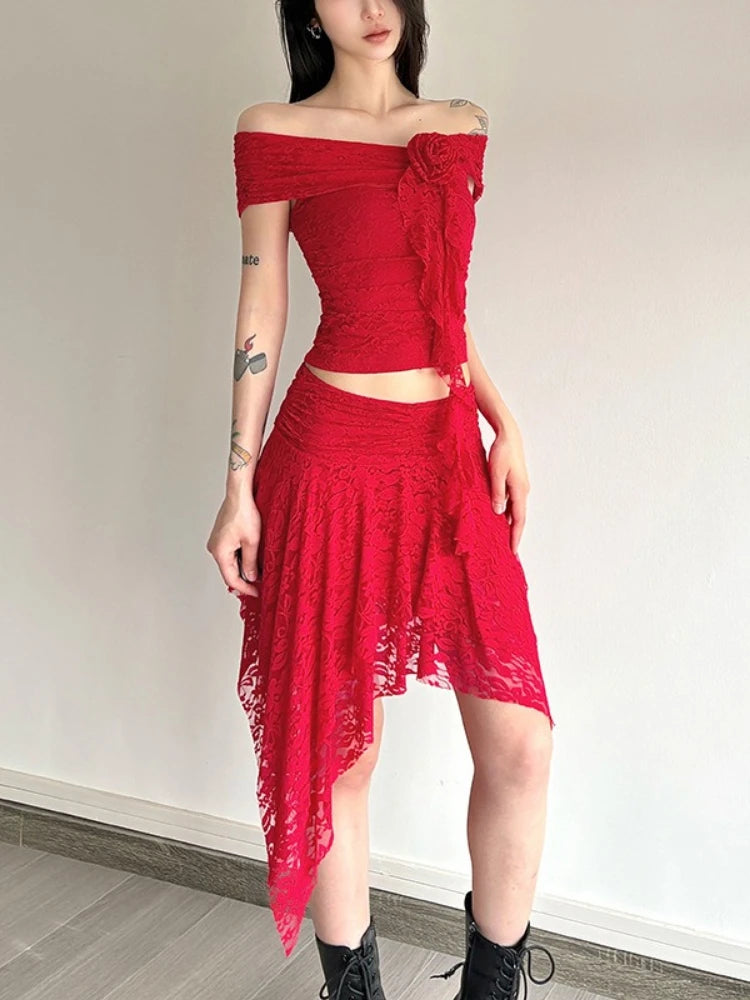 Y2k Aesthetic Lace Jacquard Vintage Tees 2025 Streetwear Fairy Slash Neck Cropped Tshirts Women Harajuku Grunge 3D Flower Tops