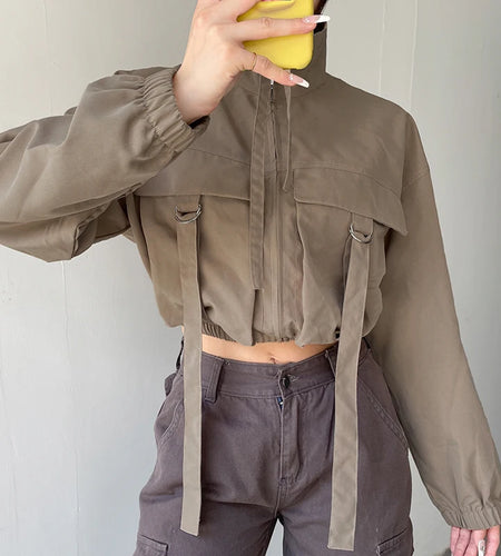 Streetwear Cargo Style Autumn Jacket Female Turtleneck Stitched Big Pockets Buckle Zip Up Coat Cropped Outwear Retro