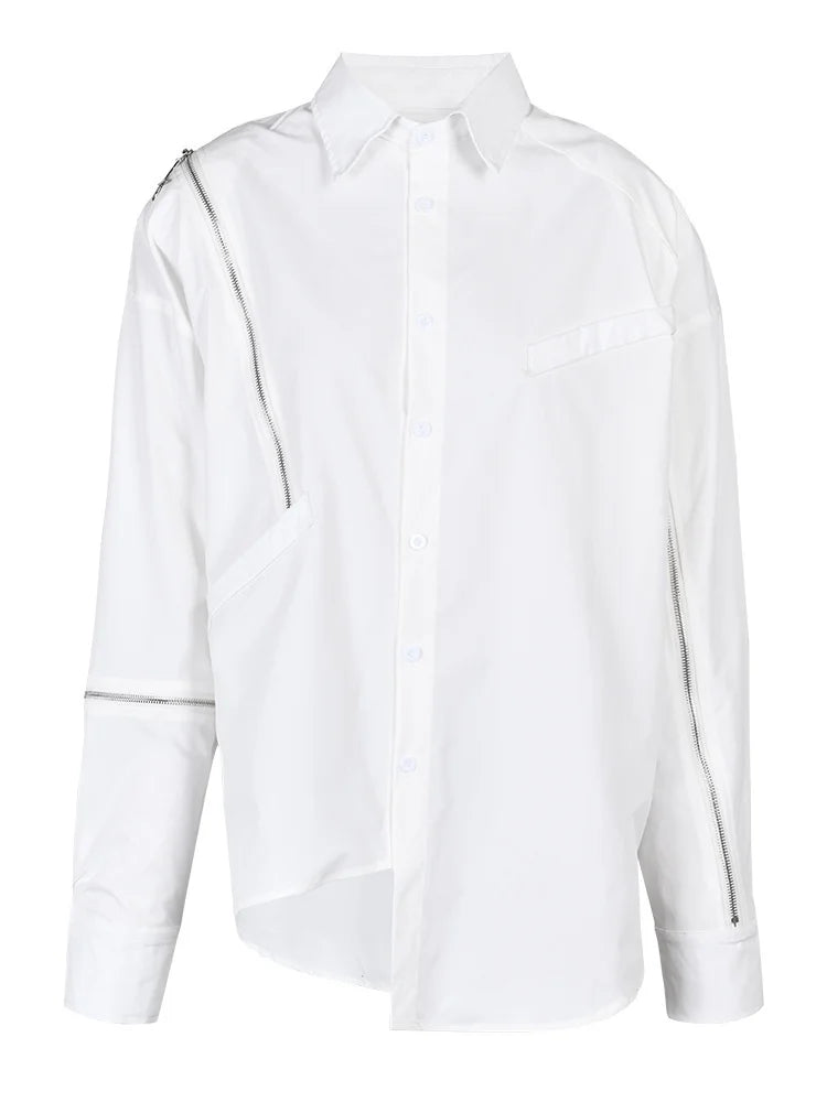 Women Black Zipper Irregular Big Size Blouse New Lapel Long Sleeve Loose Fit Shirt Fashion Spring Autumn 2025 1DF743301