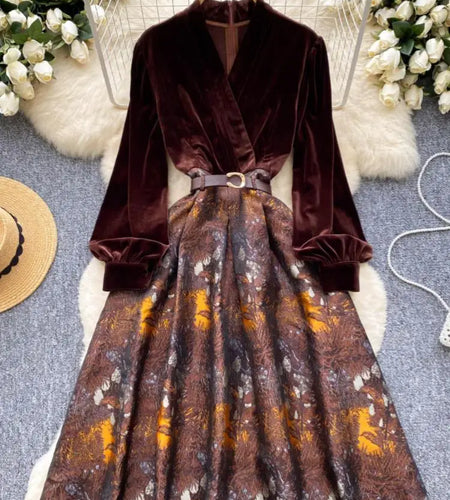 Vintage Brown Patchwork Print Elegant Lantern Sleeve Long Dress Bohemian Autumn Winter French Slim Fashion Women A-line Dresses