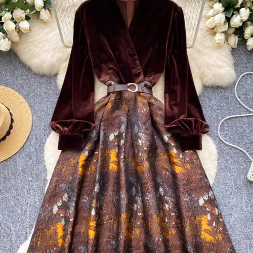 Load image into Gallery viewer, Vintage Brown Patchwork Print Elegant Lantern Sleeve Long Dress Bohemian Autumn Winter French Slim Fashion Women A-line Dresses

