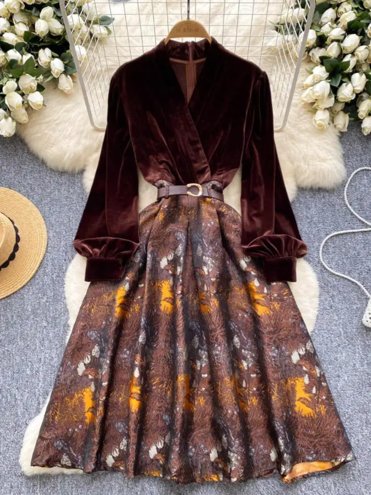 Vintage Brown Patchwork Print Elegant Lantern Sleeve Long Dress Bohemian Autumn Winter French Slim Fashion Women A-line Dresses